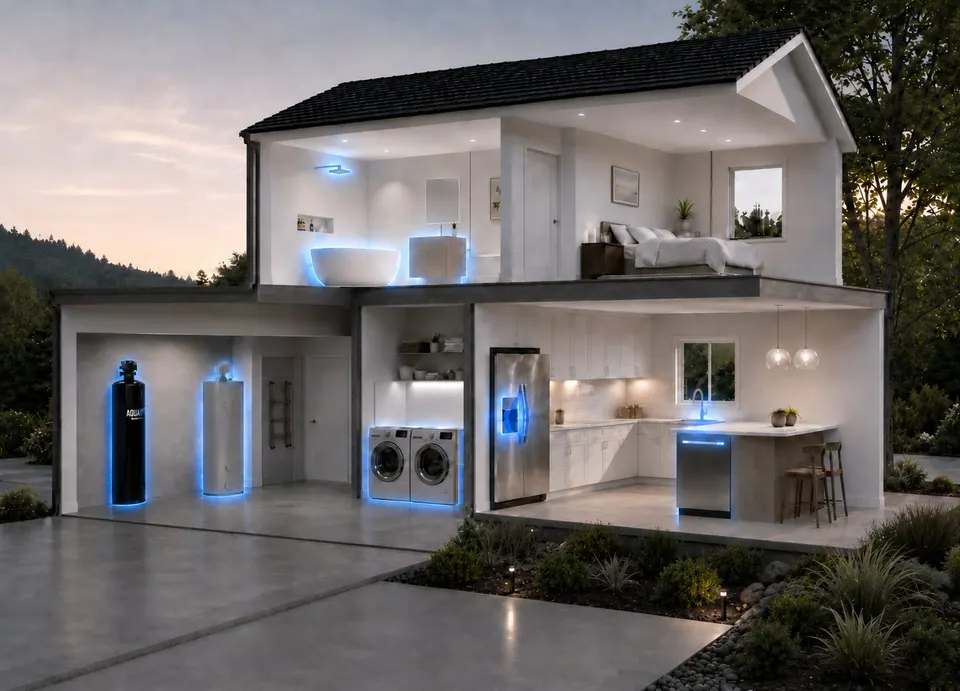 Cutaway of a home showing The AquaOx installed in the garage at the main water line, feeding filtered water to the shower, laundry, kitchen, and every fixture in the house