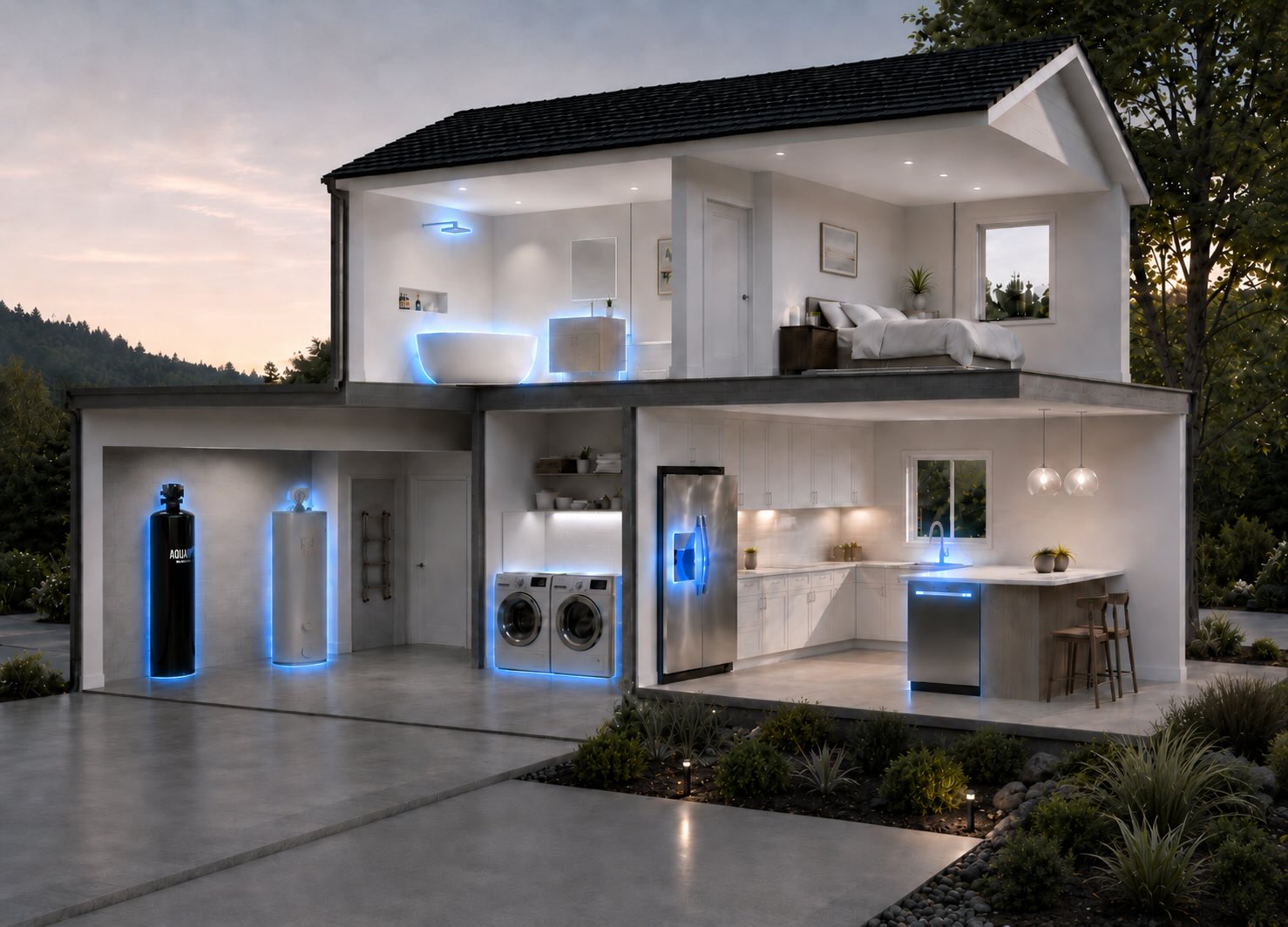 Cutaway of a home showing The AquaOx installed in the garage at the main water line, feeding filtered water to the shower, laundry, kitchen, and every fixture in the house