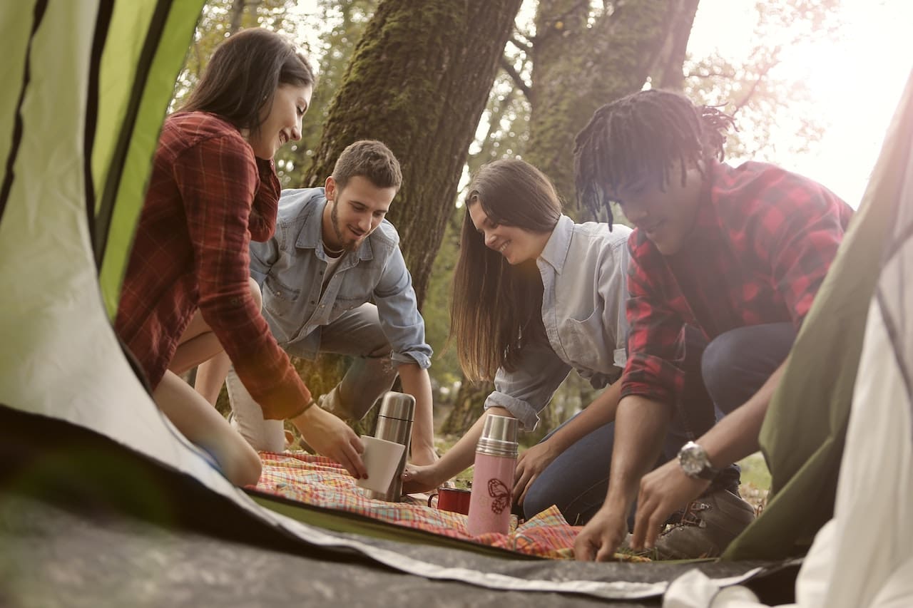 A heartwarming scene of a family enjoying a picnic in their backyard, under the shade of towering trees, sipping on refreshing beverages made with pure water, showcasing the joy of outdoor leisure in Carrollton.