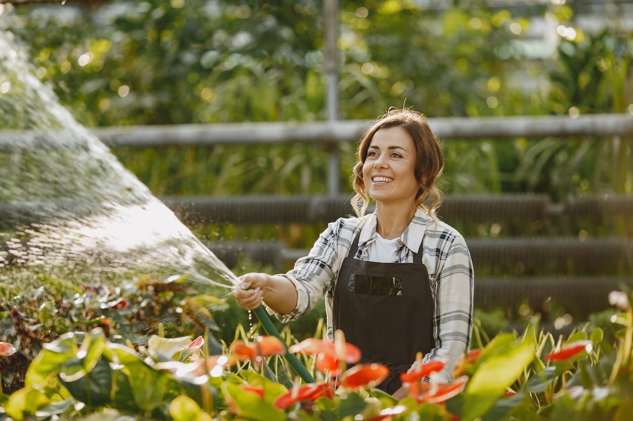 A backyard garden with a stone pathway leading to a bench. A gardener waters a bed of colorful flowers using a hose, the droplets sparkling in the sunlight.