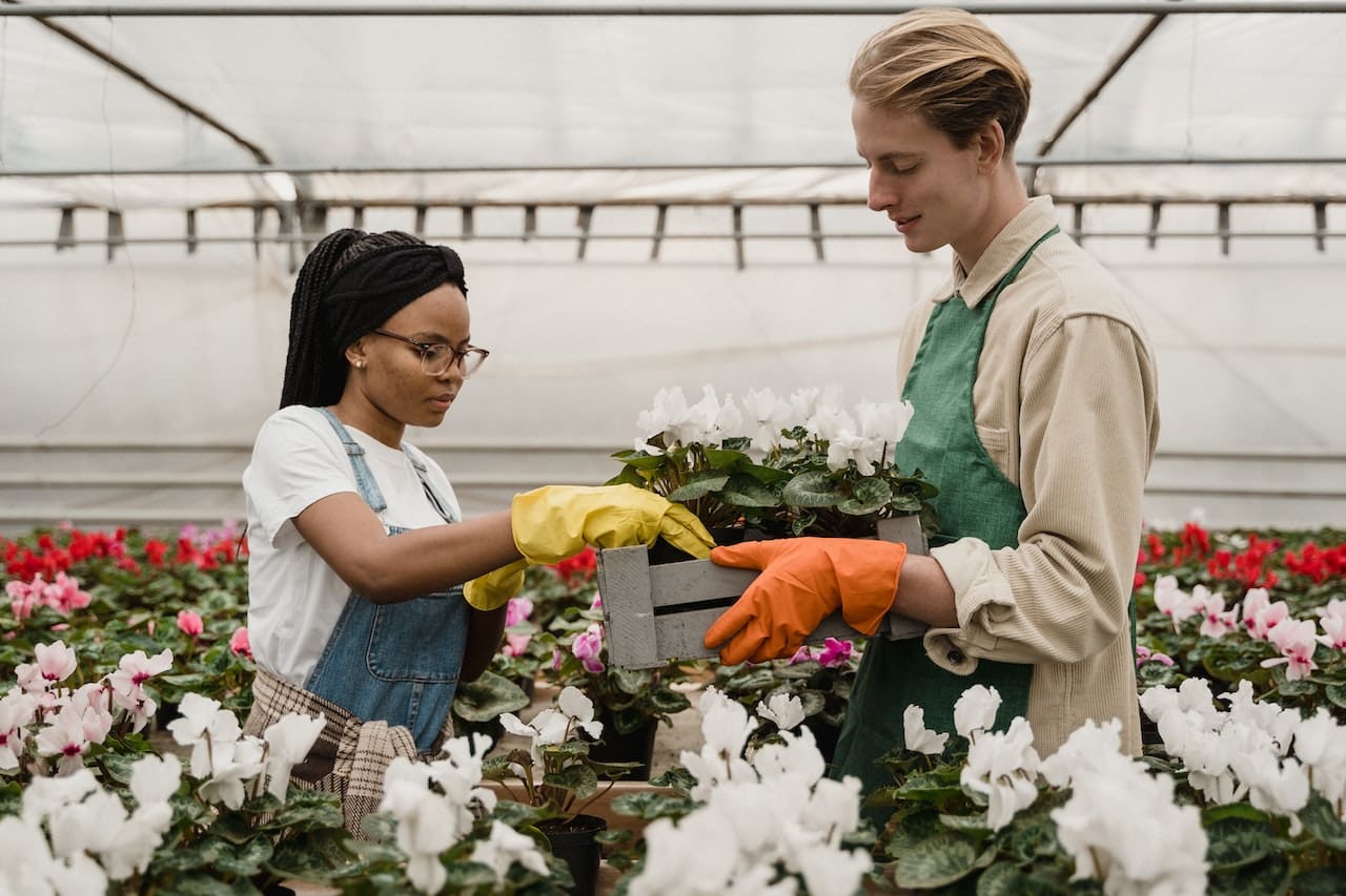 A delightful snapshot of friends gardening in their backyard, with colorful flowers and thriving vegetables, all nurtured by pure water, illustrating the city's love for gardening and sustainable living.